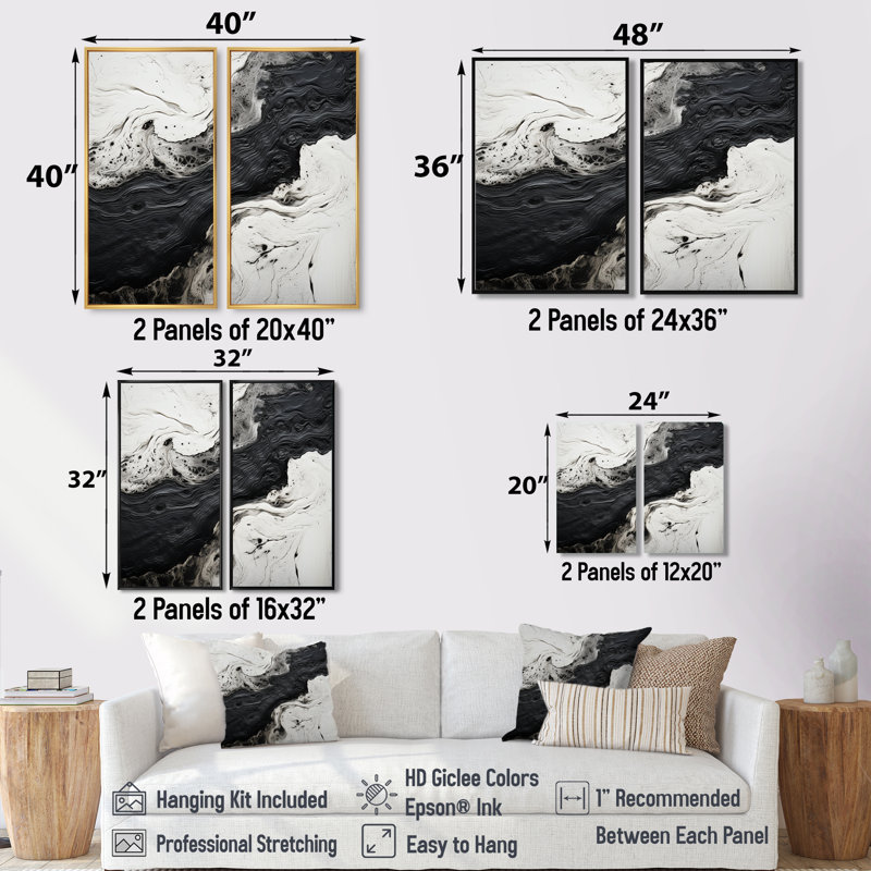 Black And White Paint River I - Black Art Prints On Canvas, 36" H x 48" W, Impression encadrée flottante, Gold