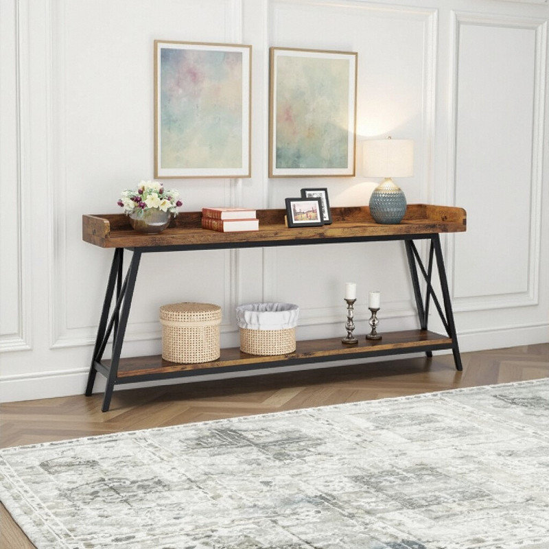 71 Inch Extra Long Console Table with Metal Frame, 200 LB Capacity Sofa Table, 34.65" H x 70.87" W x 11.61" D , Brown