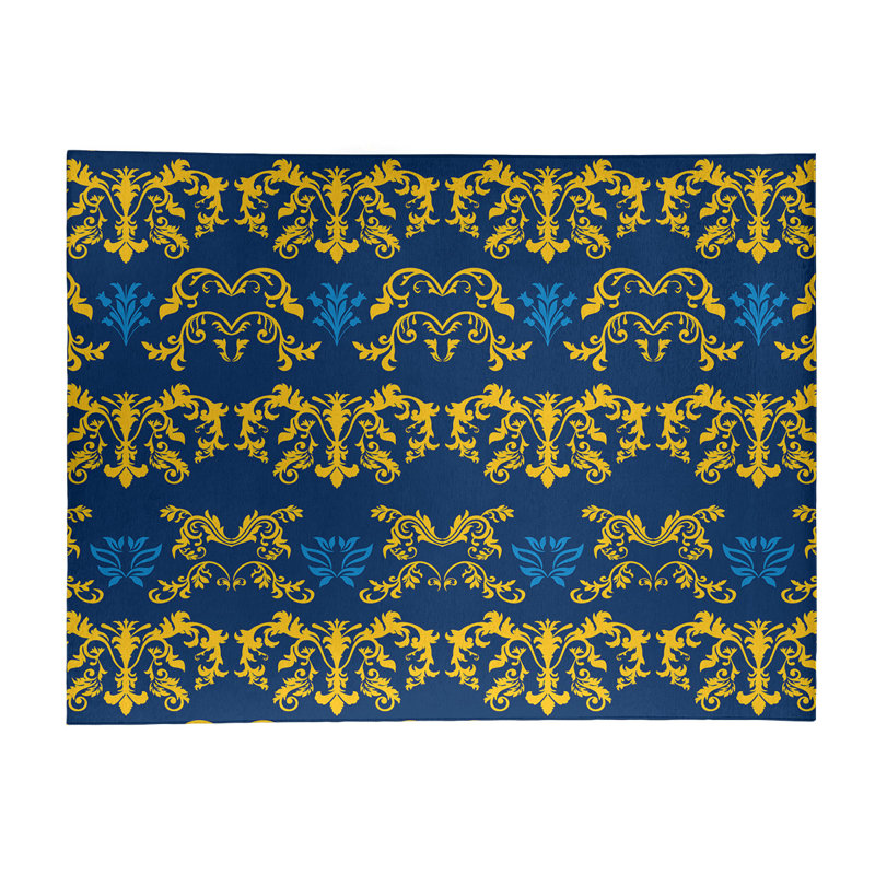 Tapis bleu / jaune Damask, Rectangle 9 pi x 12 pi