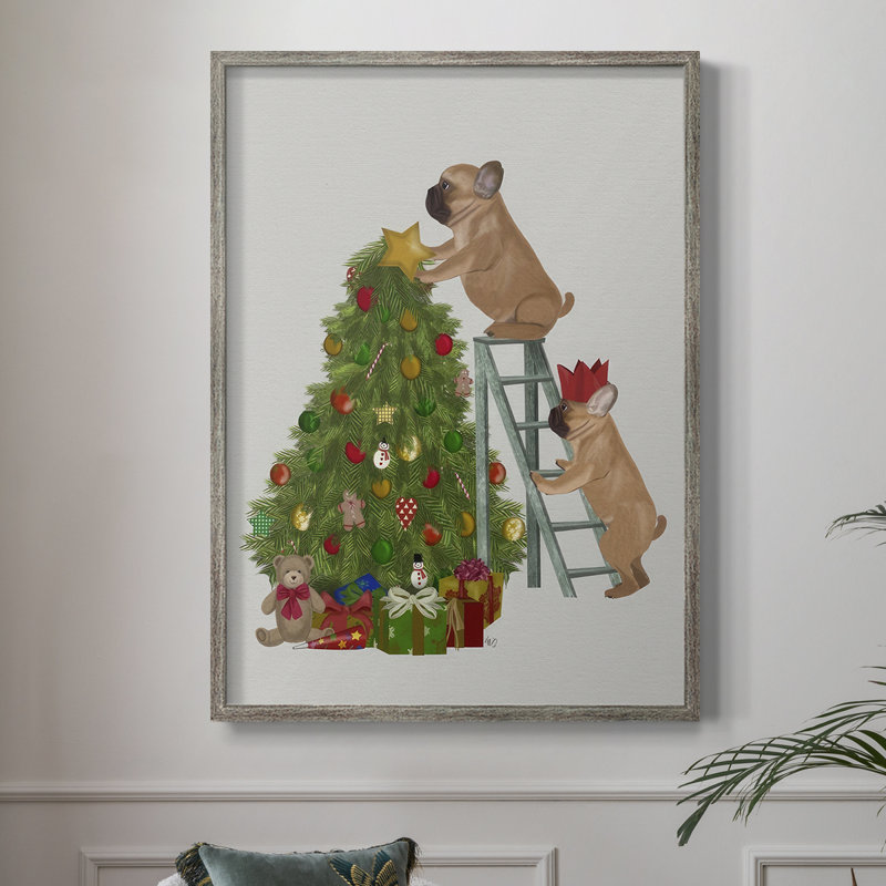 Échelle de bouledogue français de Noël, reproduction encadrée en bois massif, H 15 po x l 12 po