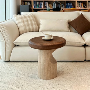 19.69in Mushroom End Table - Waterproof Walnut Veneer Round Side Table  Nightstand for Kids/Living Room