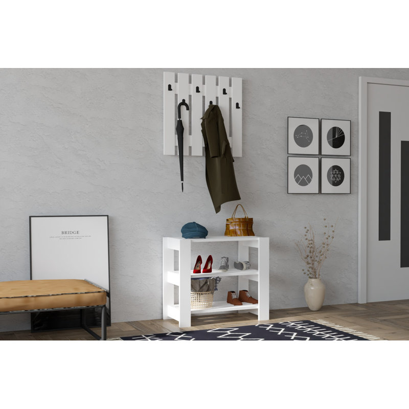 Modern Hall Stand with Shoe Cabinet & Hanger, White Finish, 27.5 x 23.6 x 13.2 inches | 100% Melamine Coated Particle Board, Thickness: 0.7 inches | Stylish & Functional Entryway Organizer for Shoes & Coats