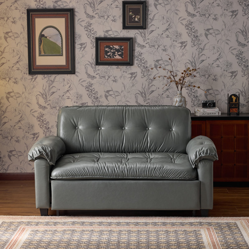 Tufted Upholstered Cat's Claw Leather Loveseat Recliner Sleeper Couch Pull Out Sofa Sofa Bed, Blue Gray