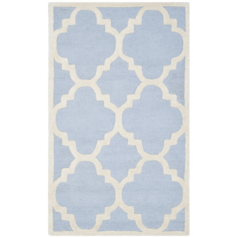 Light Blue and Ivory Hand-Tufted Wool Geometric Rug 4' x 6'