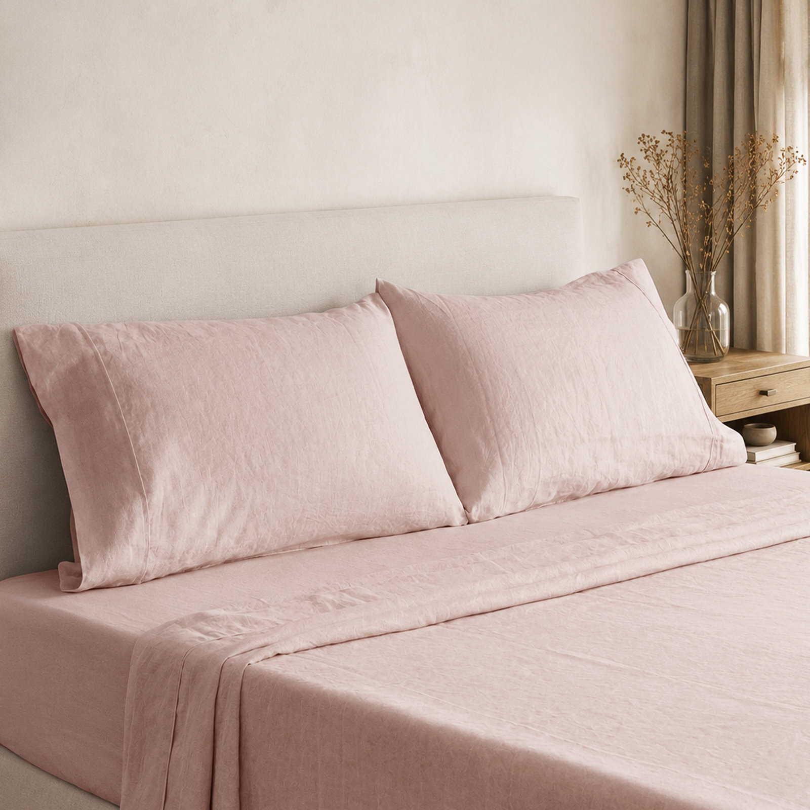 100% Flax Linen Solid Breathable Sheet Set with Pillowcases, King, Misty Rose