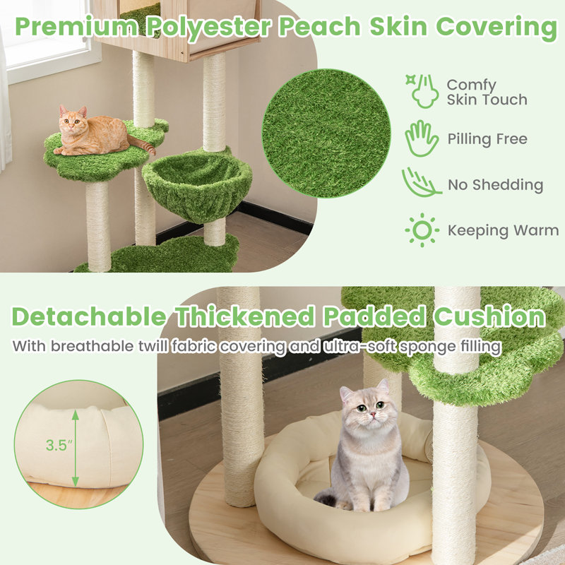 Green and Beige 55'' Tall Wooden Cat Tree with Sisal Posts