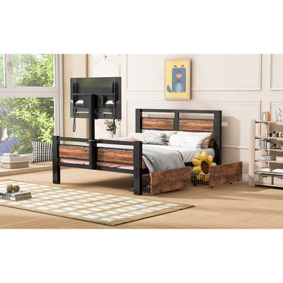 Twin Size Black Metal Platform Bed With Head And Foot Components, Two Storage Drawers For Keeping Things, Rotatable Tv Stand - Time Fun, 14 Slats Strong Mattress Support Featuring Headboard ,