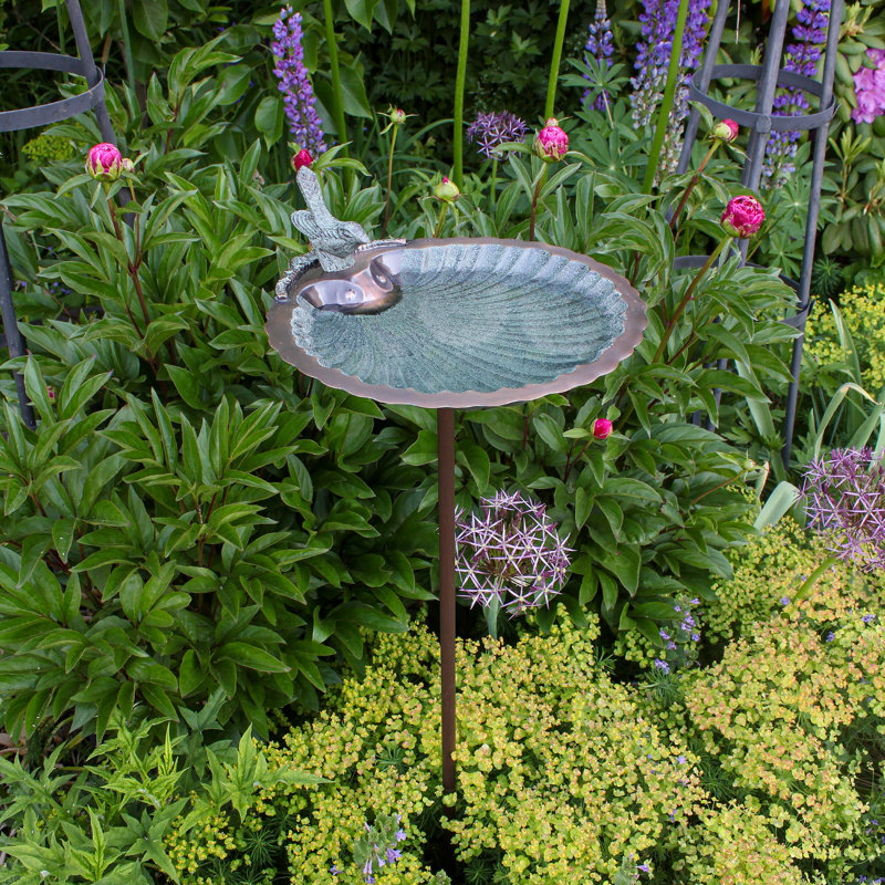 Antique Brass Scallop Shell Birdbath with Stake