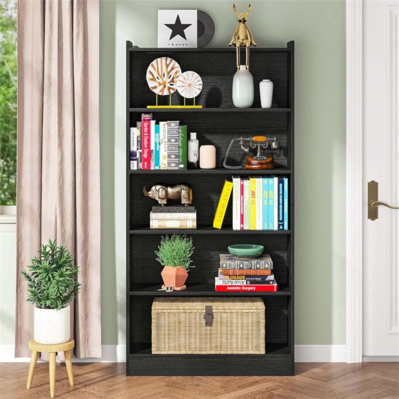6-Tier Modern Library Bookshelf With Spacious Storage, Perfect For Living Room, Office, And Bedroom Organization, Black