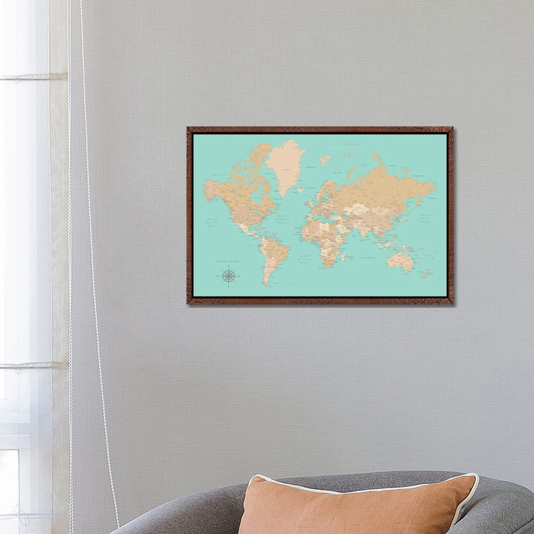 Vintage Style Teal And Brown World Map With Cities by Blursbyai - Gallery- Giclée on Canvas