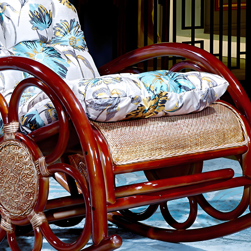 Chaise berçante élégante en rotin, Brun / blanc / bleu / brun rougeâtre