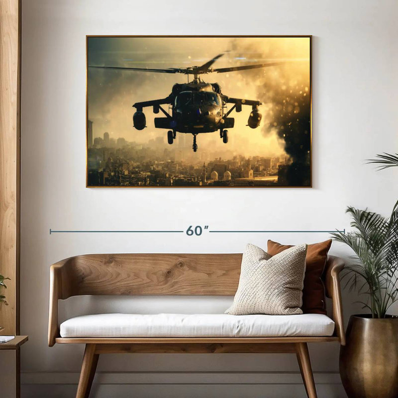 Black Military Helicopter, 46" X 31", Floating Frame Gold