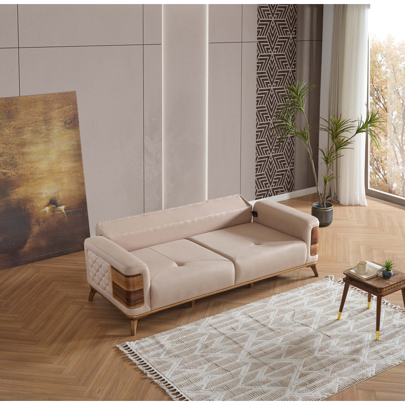 Canapé moderne rembourré avec dossier capitonné sculpté, détails en bois massif, Beige