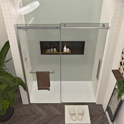 Glass Sliding Shower Door 56 - 60"W X 76"H With Brushed Nickel Hardware, Buffer Design, Easy Clean Coating For Bathroom Made Of 5/16" Tempered Glass, Finish, Design Effortless Use In