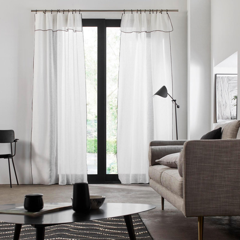 Linen Sheer Single Curtain Panel, White/Grey