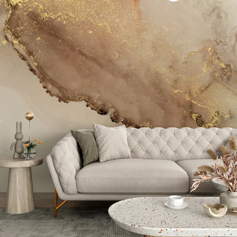 Murale abstraite en marbre beige et or, L 108 po x l 96 po