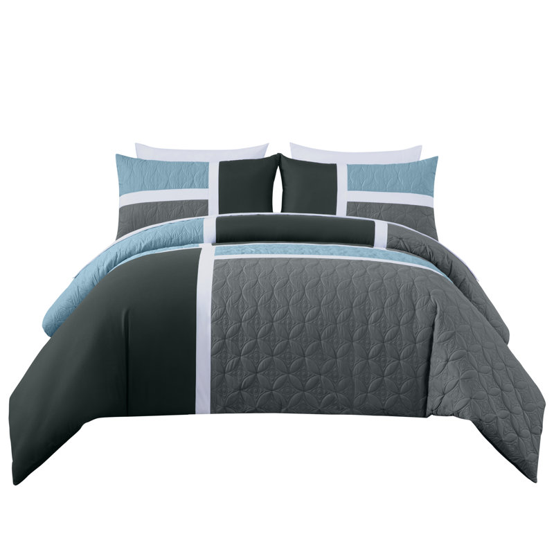 7-Piece Patchwork Bed in a Bag Comforter Set with Sheets, King Comforter + 6 Additional Pieces, Gray/Light Blue/Charcoal
