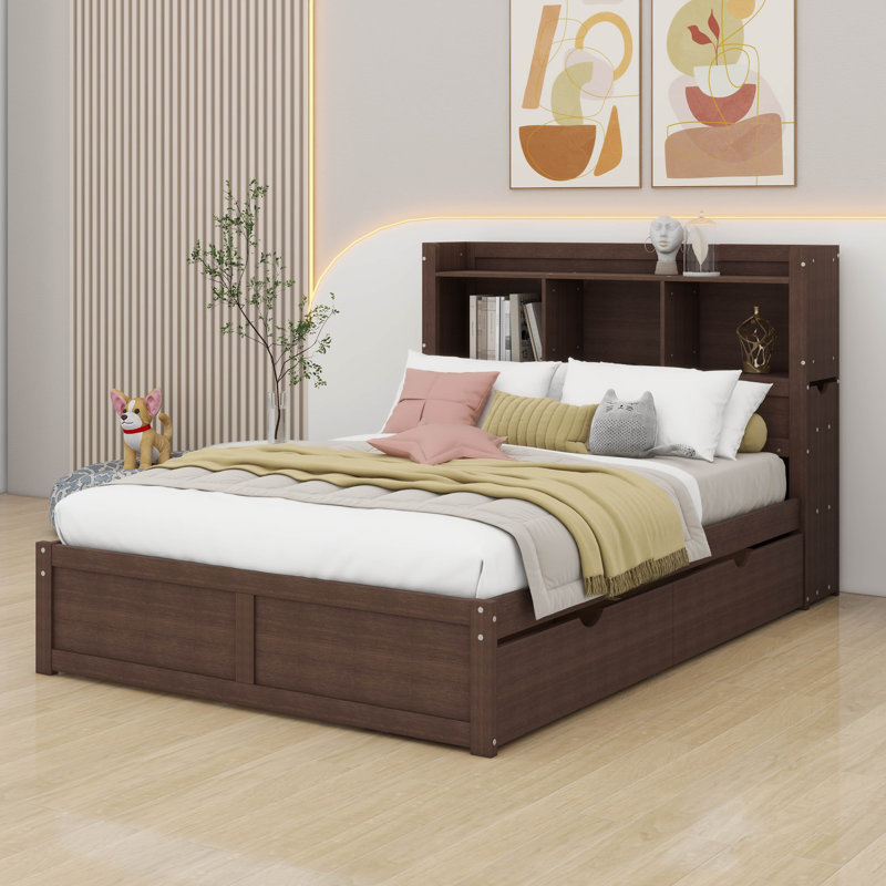 Full Size Platform Bed Frame With Storage – Headboard, Pull-Out Shelves, Trundle, 2 Drawers & Built-In Charging Station