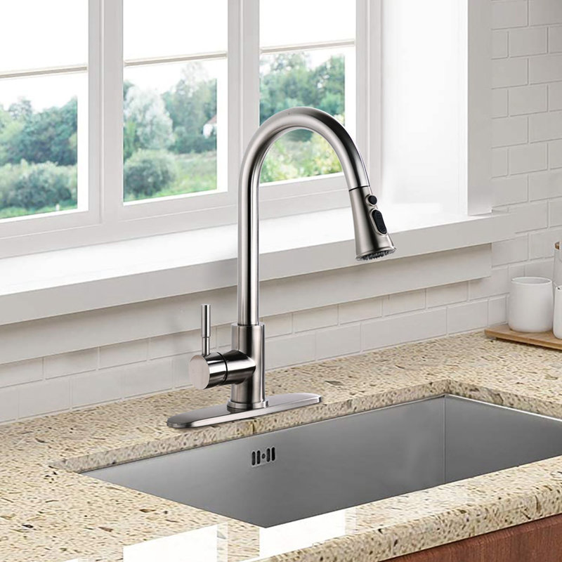 Robinet de cuisine extractible à poignée simple avec douchette latérale, Nickel brossé