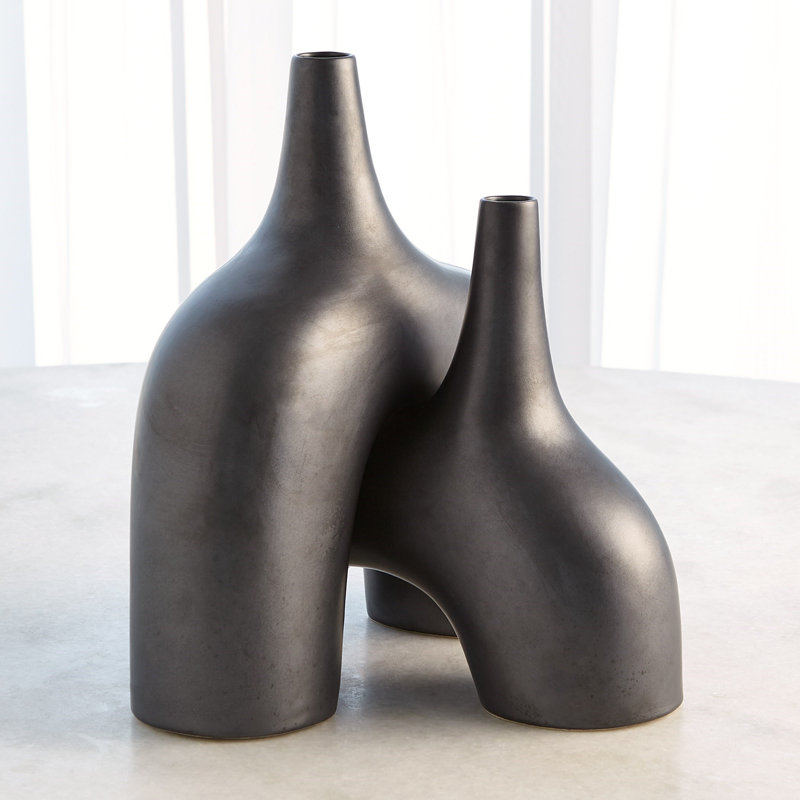Handmade Earthenware Table Vase, 10" H x 13" W x 4" D, Black