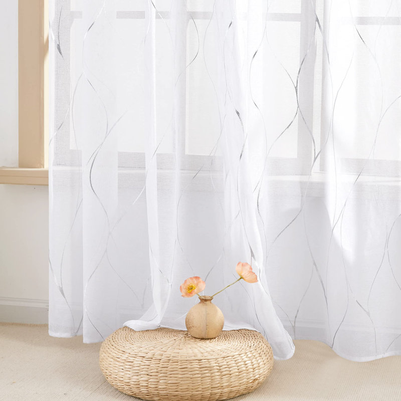 Silver Foil Printed Wave Pattern Semi Sheer Grommet Top Curtains (Set of 2), 52" W x 54"L