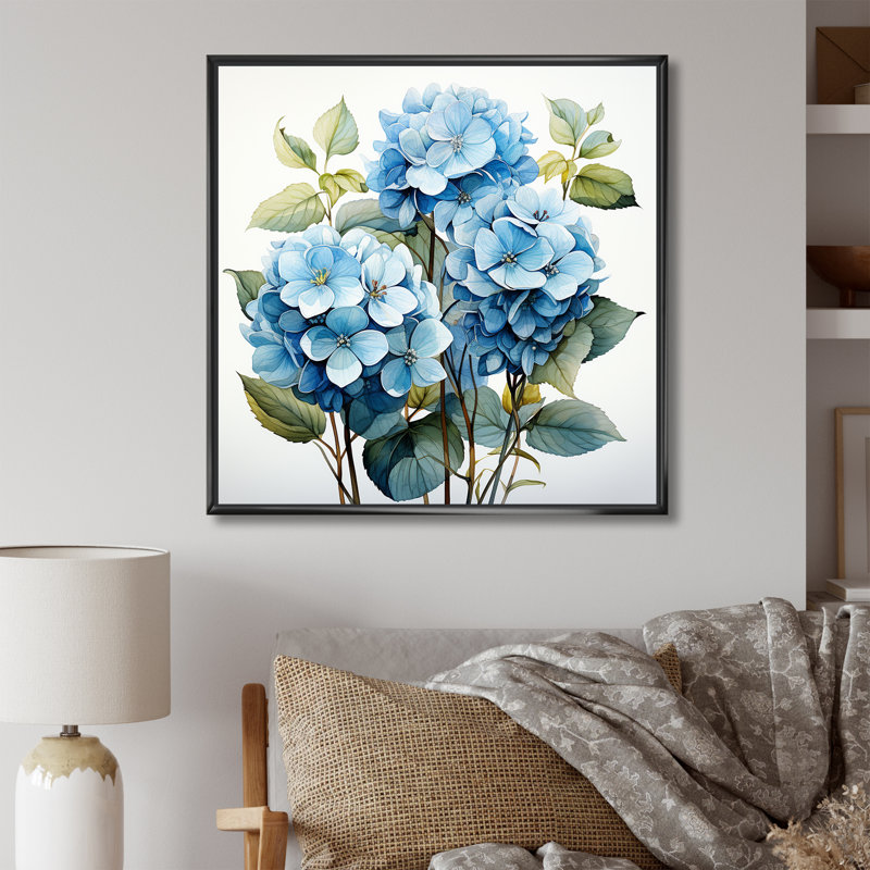 Hortensia bleue fleur élégante II - hydrangées, art mural, Cadre flottant noir, H 30 po x l 30 po x P 1,5 po