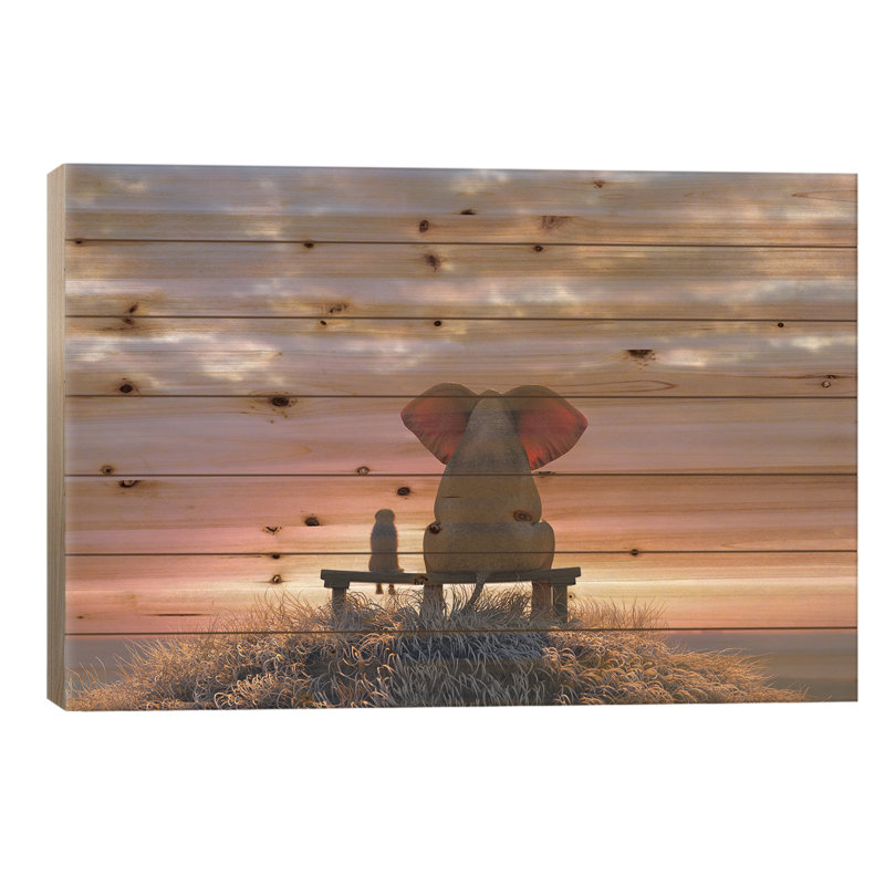 Éléphant et chien observant le lever du soleil au bord de la mer, H 26 po x l 40 po x P 1,5 po