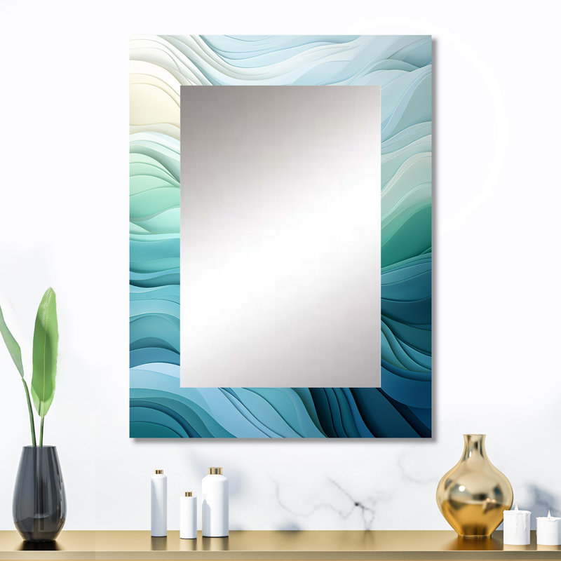 Gree and white Sway wave Serenity III - Geometric Large Mirror, Green Decorative Wall Mirror, Printed Metal Art, 32" x 24"