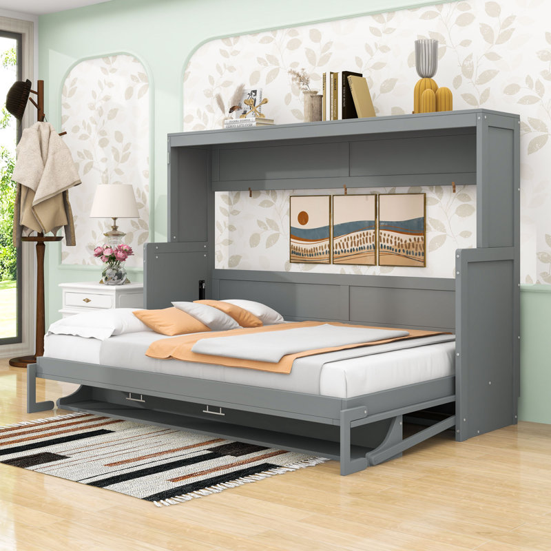 Lit escamotable mural avec tablettes, Gris, Double