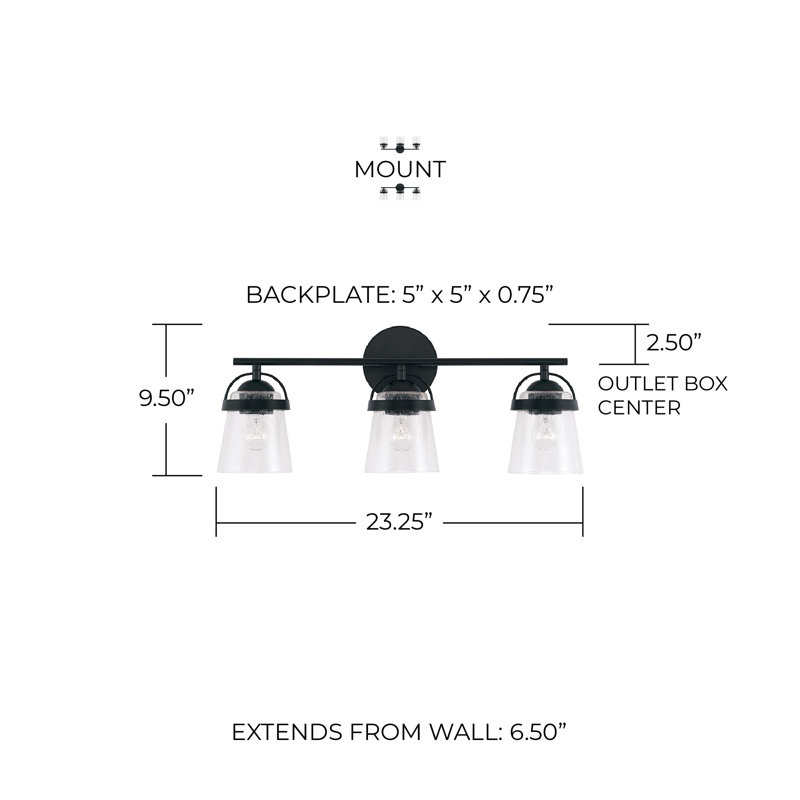 Meuble-lavabo 3 lumières l 23 po x H 9,5 po en noir mat avec verre bullé transparent, Noir mat