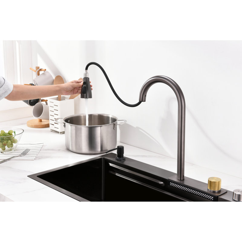 Lavabo de cuisine en acier inoxydable 304 de style cascade de pluie avec évier de drainage gris