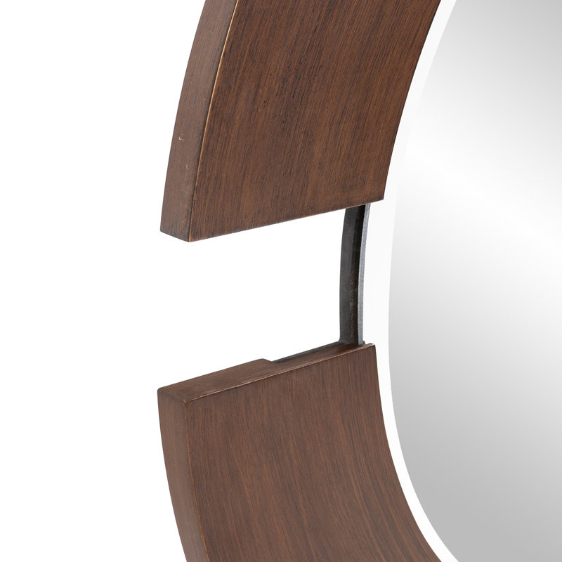 Agatie Round Beveled Wall Mirror with Partial Wood Frame, Copper