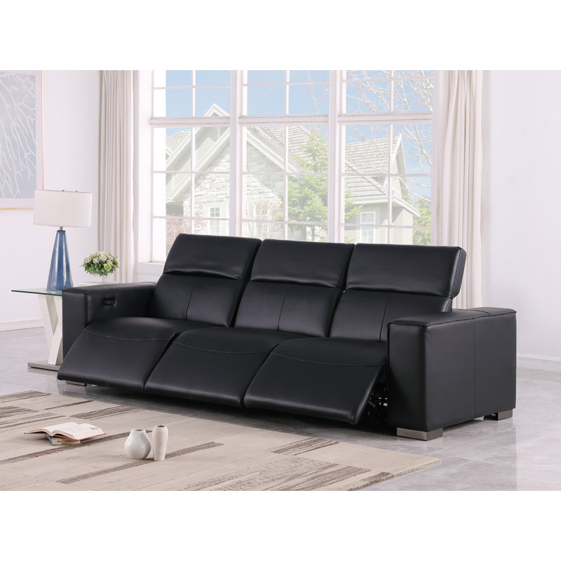 Luxurious Genuine Leather Power Reclining Sofa With Three Recliners And Power Headrests, Black