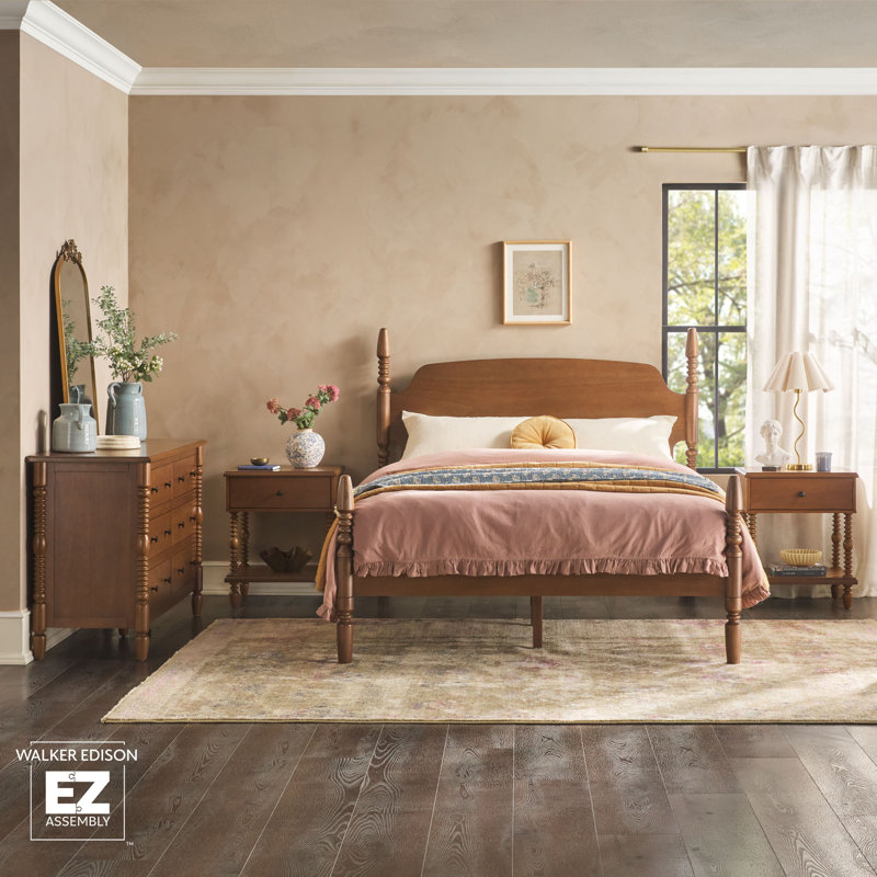 Solid Wood 4-Piece Spindle Vivienne  Bed With Two Walker Edison Easy Assembly 1-Drawer Nightstands And 6-Drawer Dresser