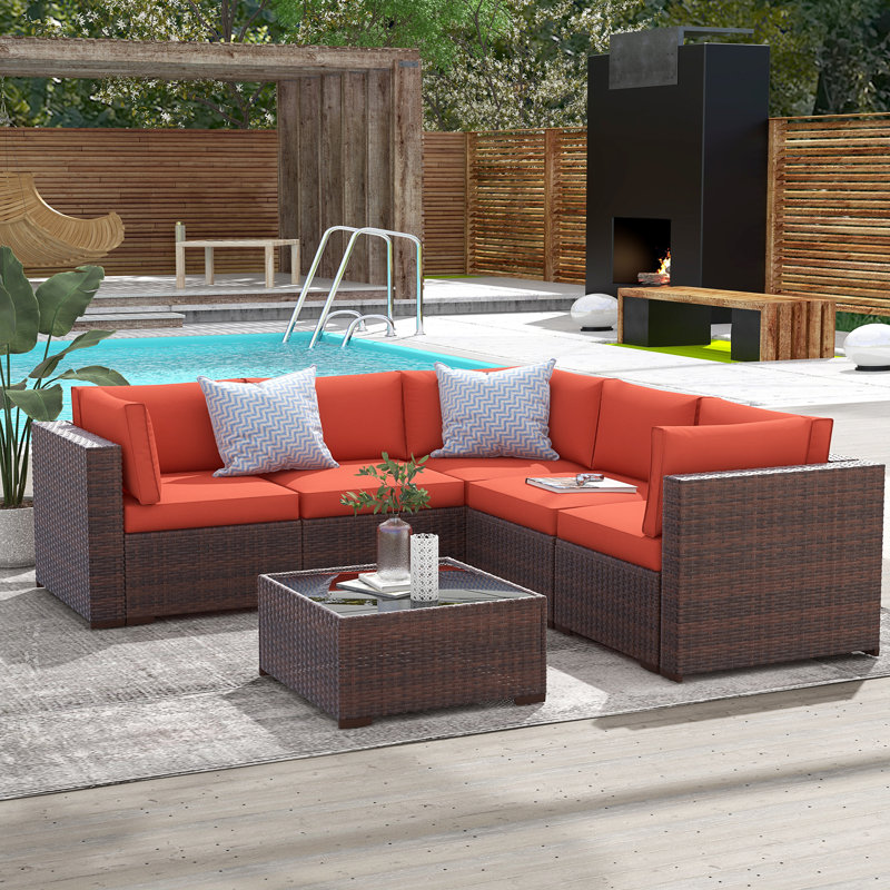 Ensemble de conversation modulaire en rotin avec coussins 6 pièces Alexaundra, Structure brune / coussin gris foncé
