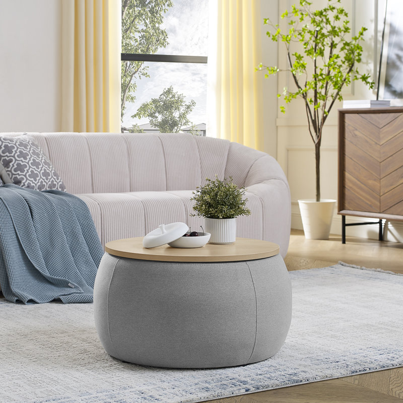 Dariyan Round Storage Ottoman, Light Gray Fabric