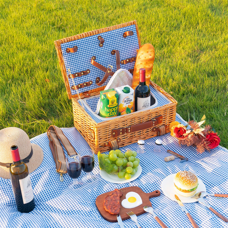 Wicker Picnic Basket Set For 2 With Cooler Compartment And Waterproof Picnic Blanket, Removable Carrying Straps, Cutlery Set
