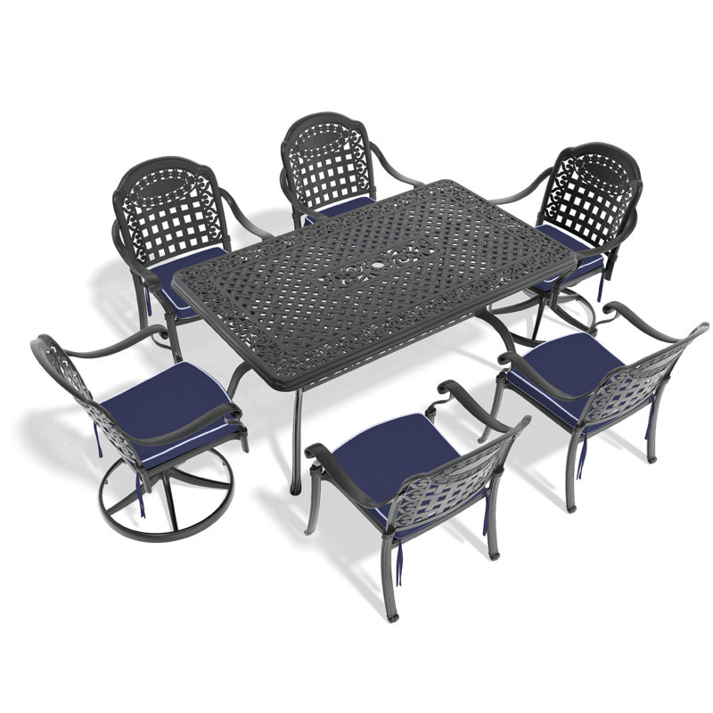 7 chaises toutes saisons avec composants en aluminium, 2 chaises pivotantes, 4 tables rectangulaires, une structure noire, résistante aux intempéries, 6 places en configuration extérieure moulée,