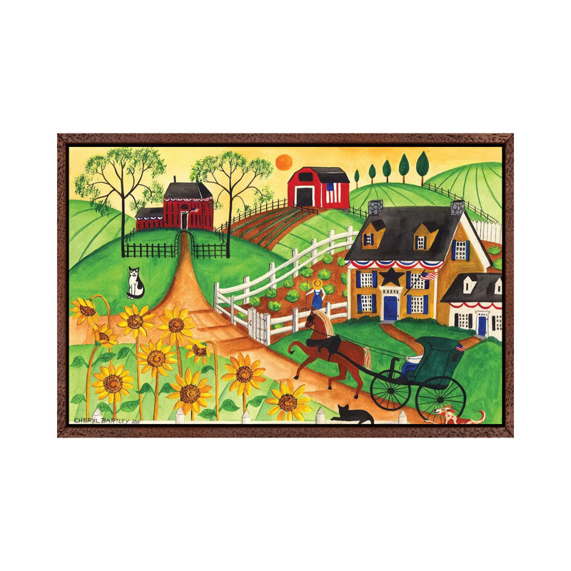 Country Sunflower Quilt Farm 1 Piece Wall Art on Canvas, 66.04 cm H x 45.72 cm W, Classic Brown Wood Framed