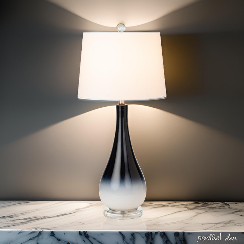 Isau Stunning Ombre Glass Table Lamp with Linen Shade (Set of 2), Black/White