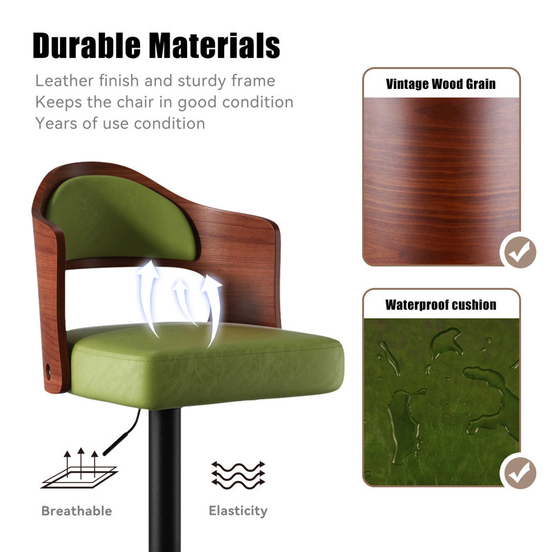 Modern Green Microsuede Upholstered Metal Frame Swivel and Height Adjustable Bar Stools Set of 2, Green