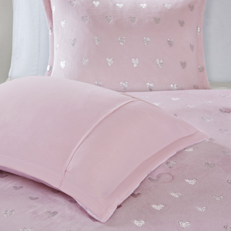 Pink Microfiber Full Kids Comforter Set with Metallic Hearts