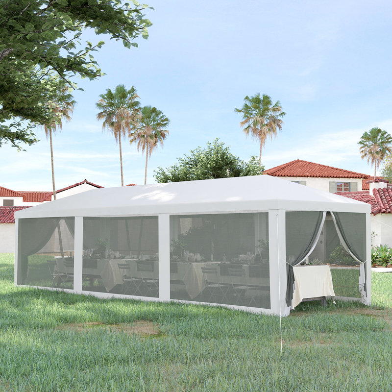 Auvent de tente d'événement blanc, pavillon de jardin extérieur avec 8 parois latérales en maille, portes à fermeture à glissière, cadre pour diverses fonctions - accès au pavillon, structure imperméable, bloquant, peut accueillir de nombreuses personnes