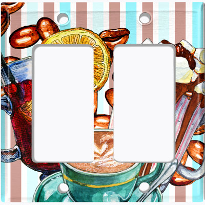 Metal Light Switch Plate Outlet Cover (Coffee Beans Mocha Press Maker Teal Brown Stripes - Double Rocker)