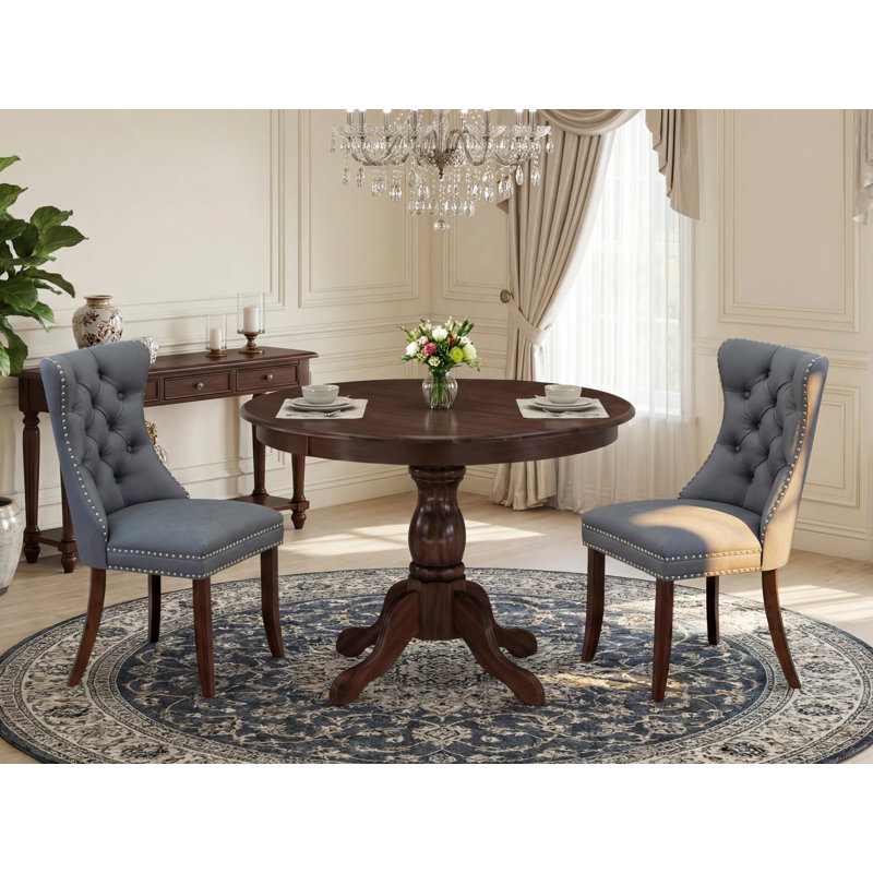 Ensemble de 3 tables de cuisine pour petits espaces comprenant une table de salle à manger ronde et 2 chaises Parson en tissu de polyester, 42 x 42 pouces, noyer antique