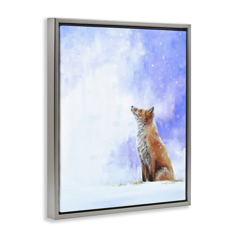Cadre flottant Fox & Gentle Snowfall, design par James Corwin, H 21 po x l 17 po, Cadre flottant gris lustré