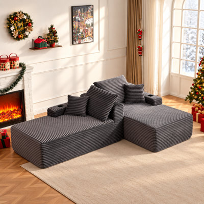 Chaise Lounge Chair Indoor, 69 Inch Double Chaise Lounge Sofa with Cup Holders & Side Pocket, Plush Corduroy Boneless Floor Sofa with Deep Seat, Sleeper Couch Bed for Bedroom Living Room, Gray