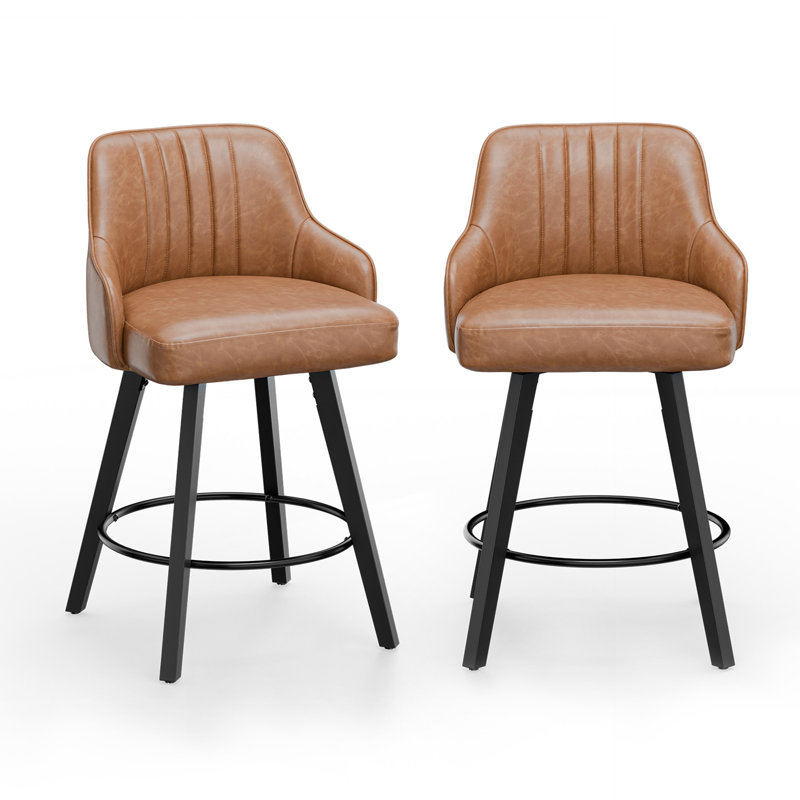 Thick Padded Cushion Wood Legs Modern Bar Stool With 360° Rotation Grey, Brown, 2