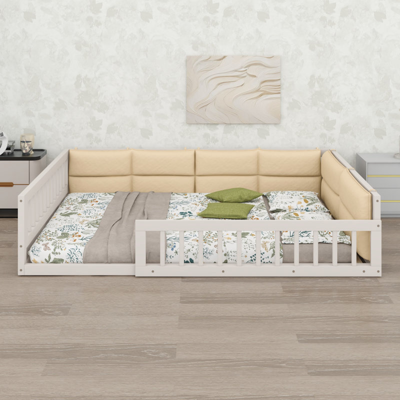 Lit plateforme tapissier moderne, garde-corps de protection inclus, Beige