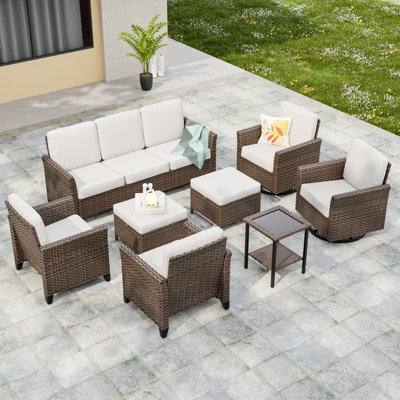 Ensemble de conversation 8 pièces pour 7 personnes avec 8 chaises en rotin brun et osier